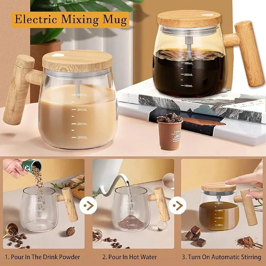 Electric Self-Stirring Coffee Mug Borosilicate Mixing Cup with Lid for Effortless Coffee, Milk, and Protein Powder Mixing at Home, Office, or Travel